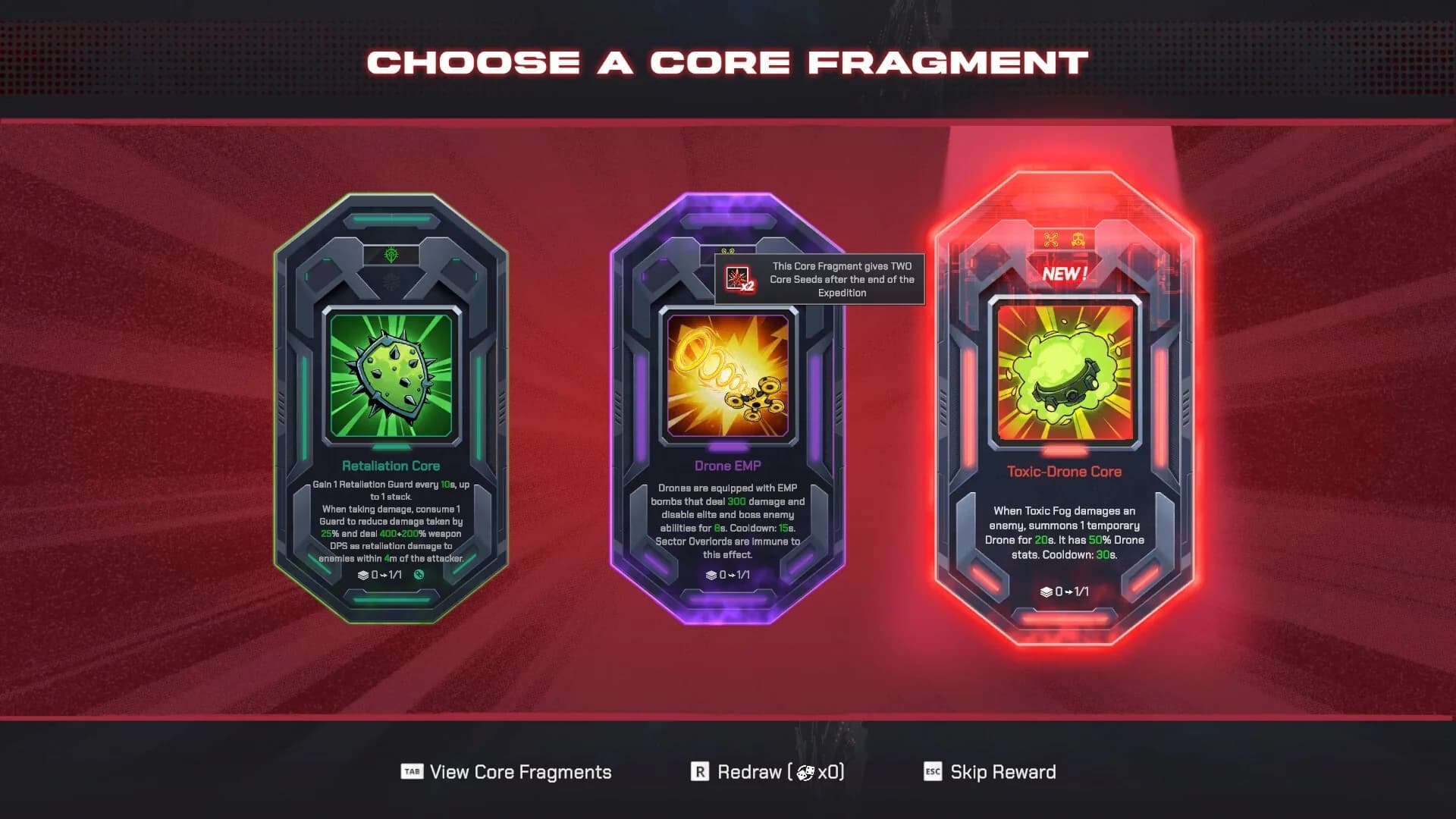 Pax Autocratica Core Fragment choice screen showing three roguelite Core options