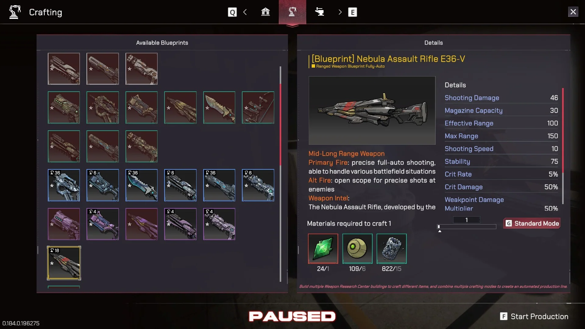 Pax Autocratica crafting interface with weapon blueprints and production requirements