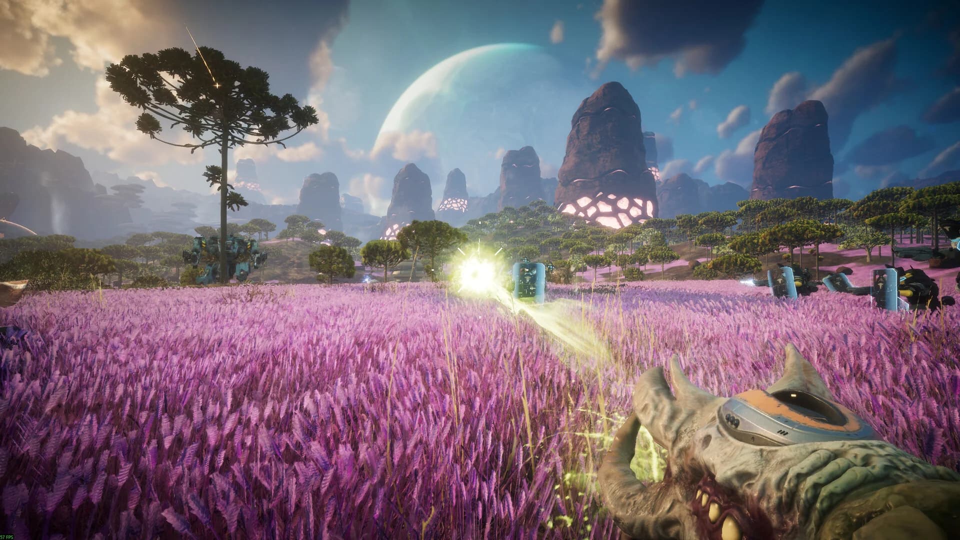 Pax Autocratica expedition moving through a bright alien landscape with distant structures