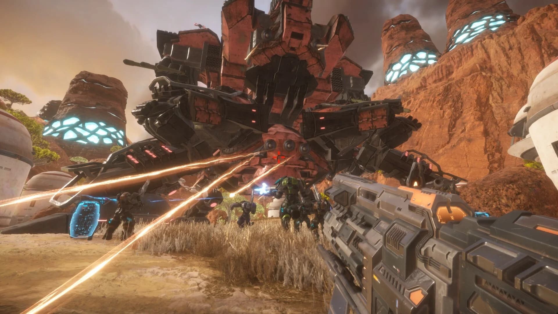 Pax Autocratica first-person squad fighting a large mech on a desert battlefield
