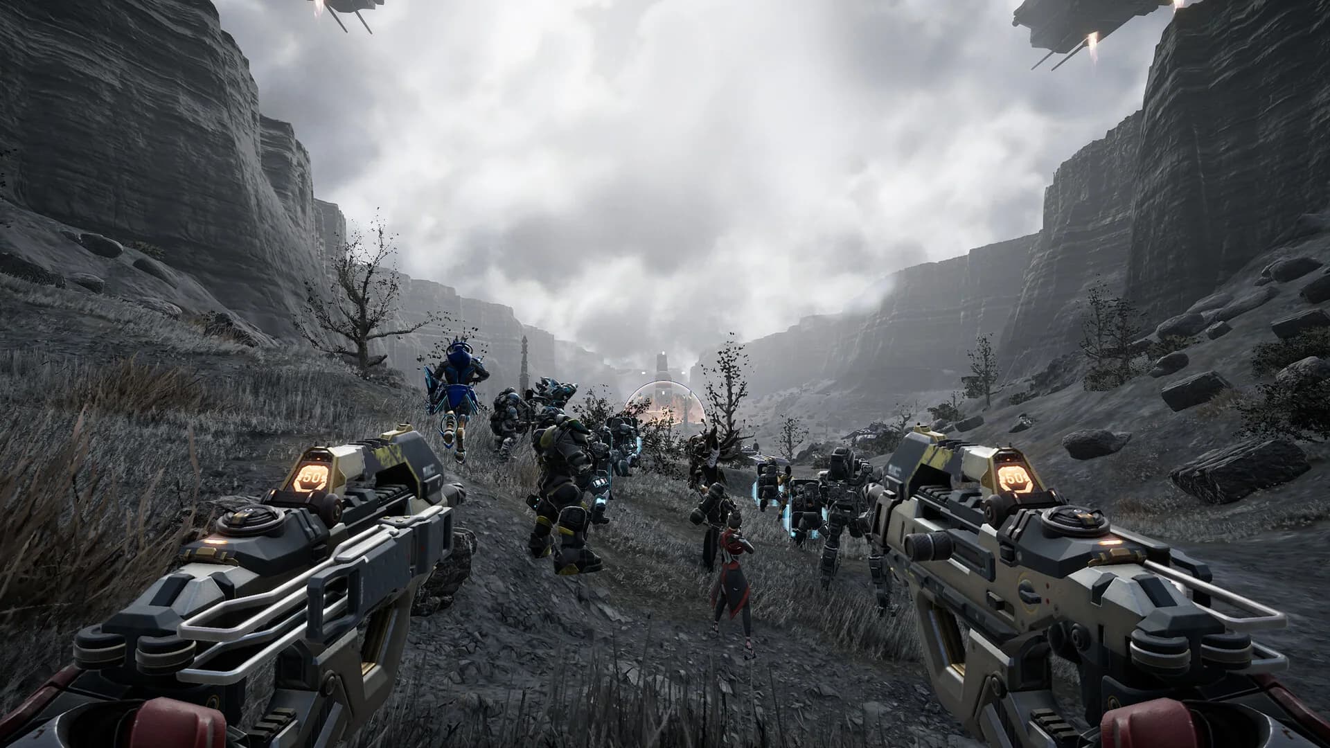Pax Autocratica allied squad marching with the player through a rocky mountain pass